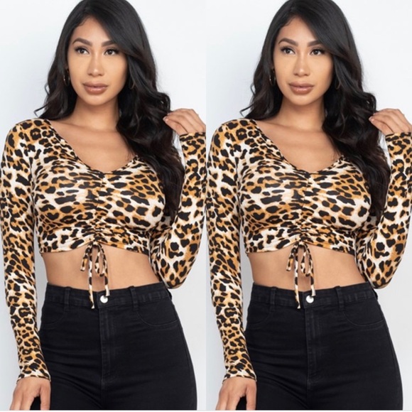 LEOPARD PRINT LONG SLEEVE RUCHED CROPPED TOP SHIRT - Picture 3 of 6